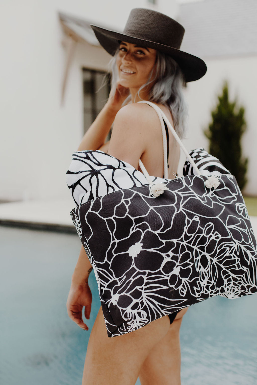 Black Floral Beach Tote