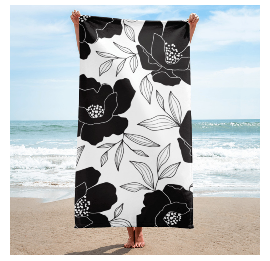 Black Flower Beach Towel